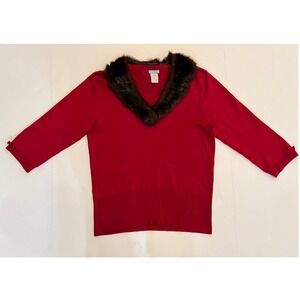 Vintage Red Sweater with‎ Faux Fur Collar U-Knit Womens Large